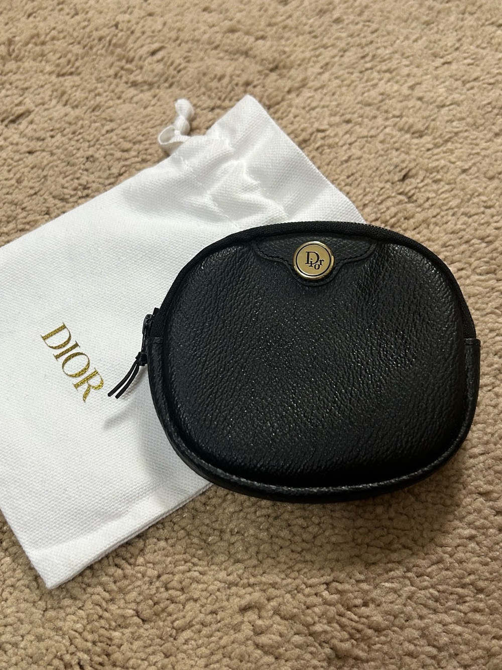 Vintage Dior Black Leather Small Zip coin Pouch with honeycomb Logo - w/dusty